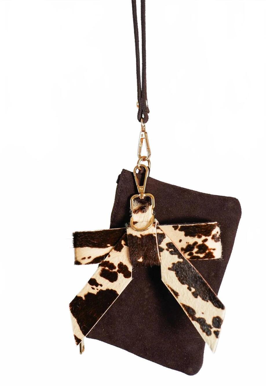 NEW MOST WANTED women's suede wristlet & bow set - 2-piece in chocolate cow prin
